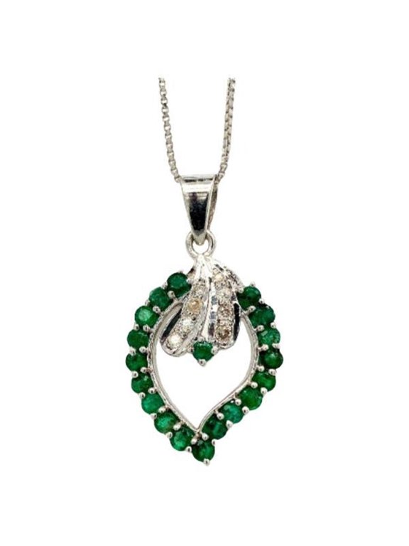 VRJewels Emerald Diamond Leaf Pendant Necklace in .925 Sterling Silver for Her