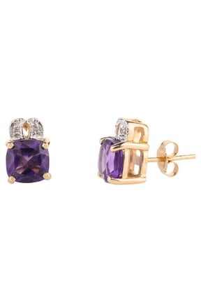 VRJewels Natural Amethyst and Diamond Stud Earrings Set in 14k Yellow Gold