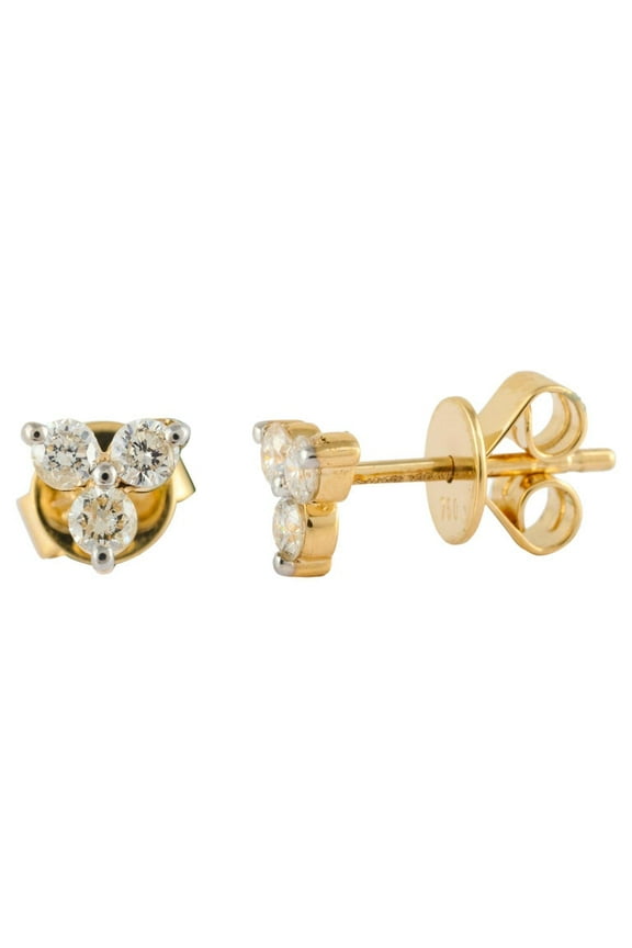 VRJewels Natural Three Diamond Pushback Stud Earrings Made in 18k Solid Yellow Gold