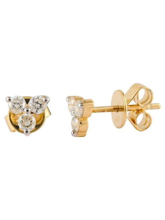 VRJewels Natural Three Diamond Pushback Stud Earrings Made in 18k Solid Yellow Gold