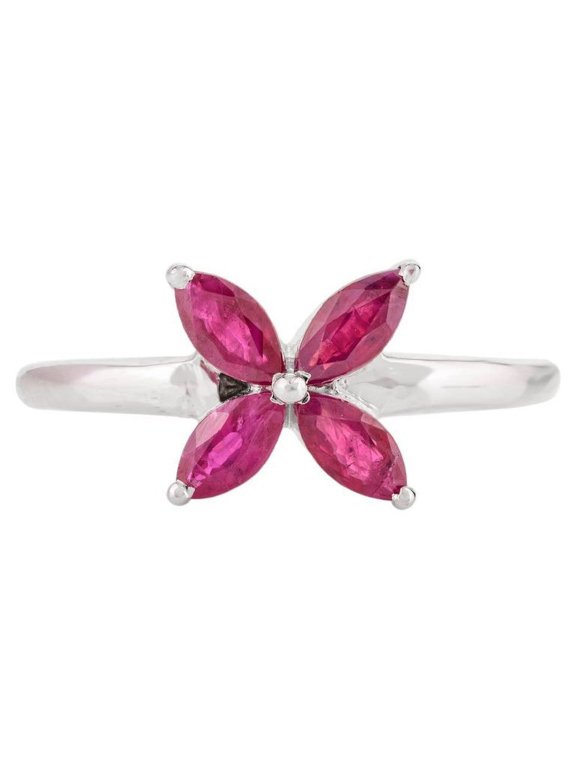 VRJewels Ruby Flower Ring with Marquise Cut Ruby Set in 14k Solid White Gold