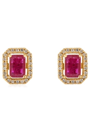 VRJewels Ruby Halo Diamond Stud Earrings in 18k Solid Yellow Gold Gift For Her