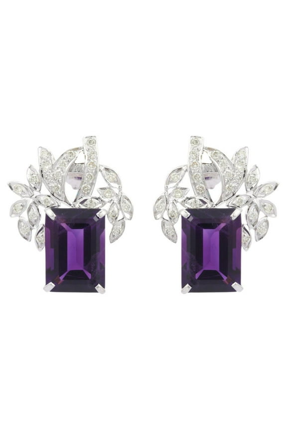 VRJewels Statement 18kt Solid White Gold 14.7 ct Octagon Amethyst Diamond Stud Earrings for Women