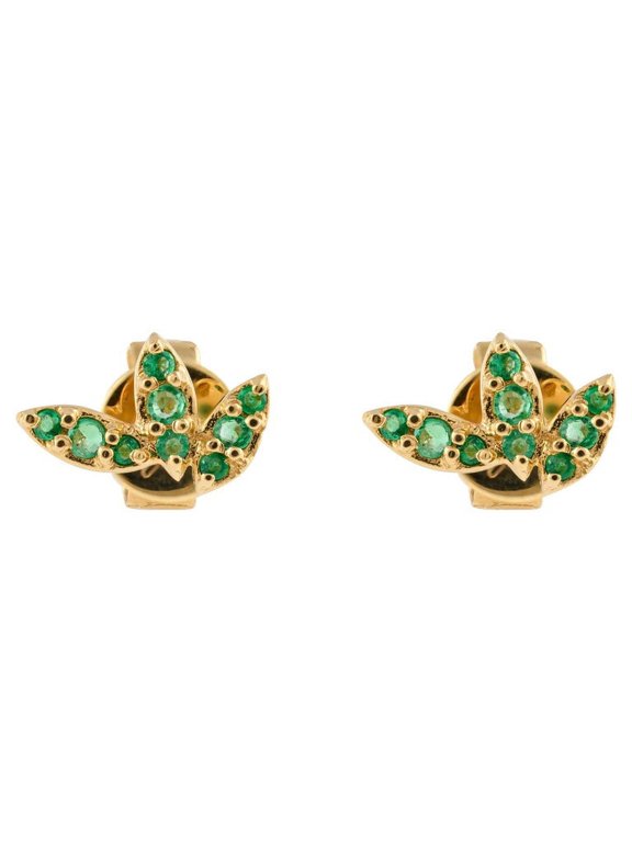 VRJewels Three Petal Tiny Natural Emerald Studs Earrings Crafted in 18k Solid Yellow Gold