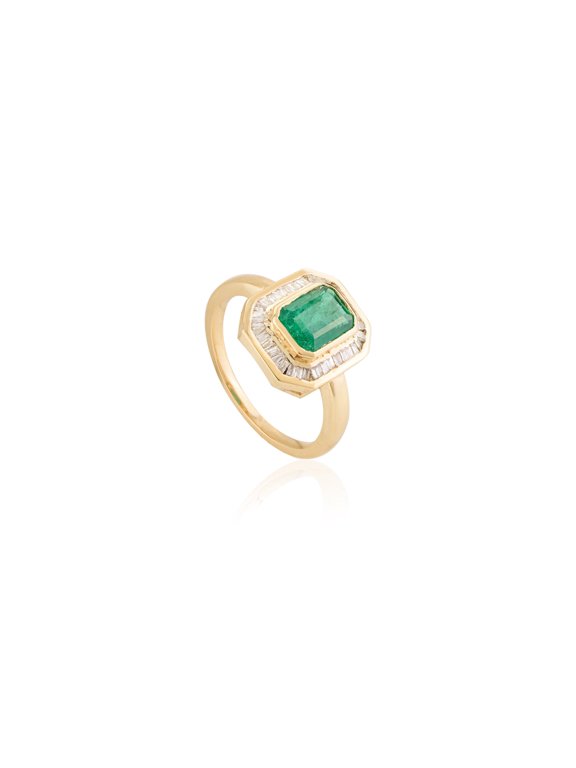 Vintage Inspired Green Emerald Ring, 18K Yellow Gold, 0.77 ct