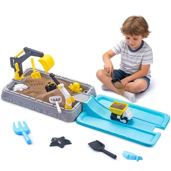 VROGTIK Sandbox with Lid, 16x46x4 Inch Sand Box for Kids with Cover, Dirt Digger Excavator & Sandbox Toys for Toddlers, Sensory Sand Pit, Outdoor Backyard Summer Gifts