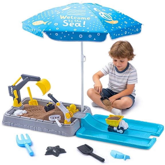 VROGTIK Sandbox with Lid & Umbrella, 16x46x4 Inch Sand Box for Kids with Cover, Dirt Digger Excavator & Sandbox Toys for Toddlers, Sensory Sand Pit, Outdoor Backyard Summer Gifts