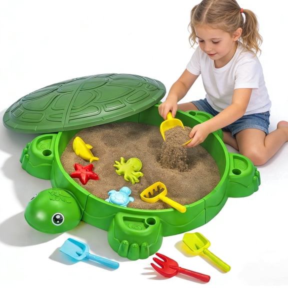 VROGTIK Turtle Sandbox with Lid with Cover and Beach Toys Set, 38 x 25 x 7.8 Inch