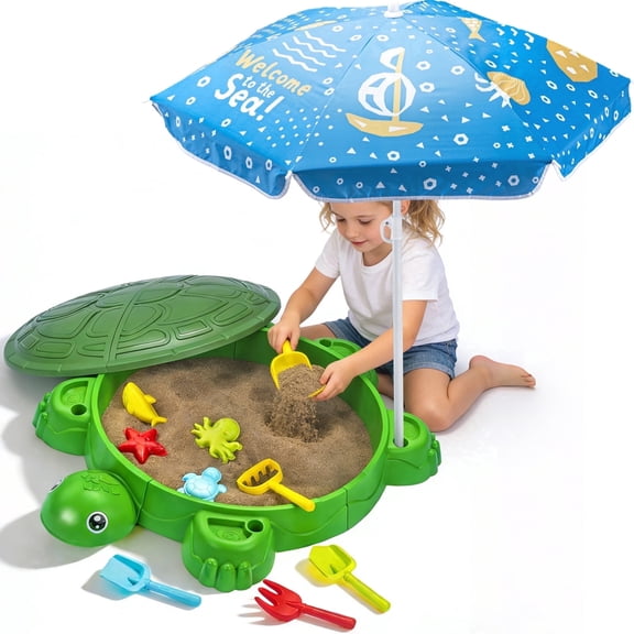 VROGTIK Turtle Sandbox with Lid & Umbrella, 38" x 25" x 7.8" Sand Box for Kids with Cover & Beach Toys Set, Safe & Cute Sensory Play Sand box, Indoor Outdoor Gift for Toddlers