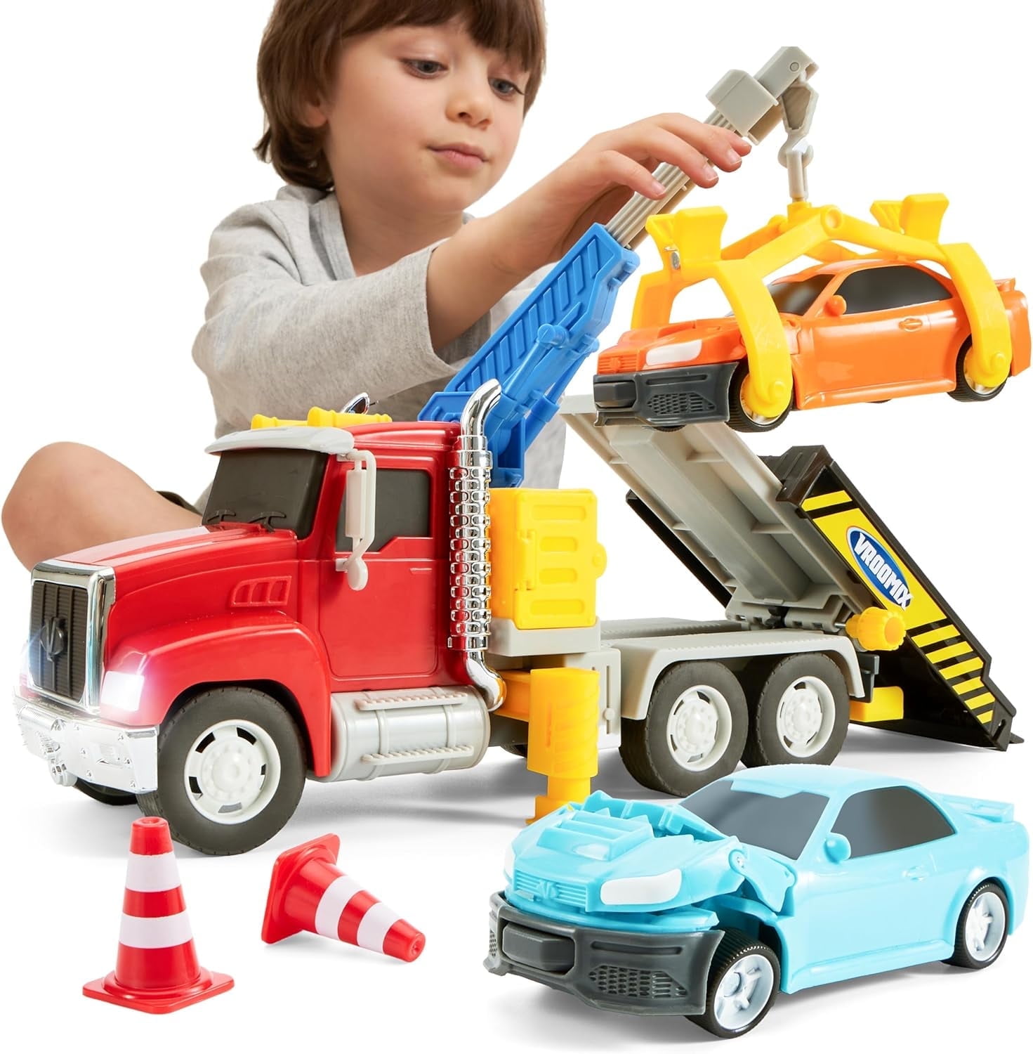 VROOMIX Big Crane Toy Carrier Truck with Lights & Sounds, Kids Toys with 2 Transformation Cars and Multi-Functional Trailer, Best Gifts for 3+ Years Old Toddler