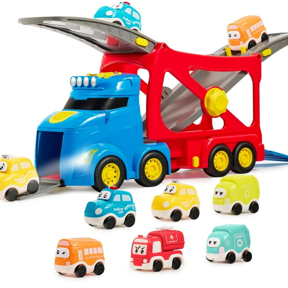 VROOMIX by JOYIN 3-Layer Extra Large Construction Truck Toys for Boy Girls, 7-in-1 Big Transport Vehicle Carrier Truck with Directional Tracks, Siren & Lights, 6 Cars, Chrismas Birthday Gifts for 3+