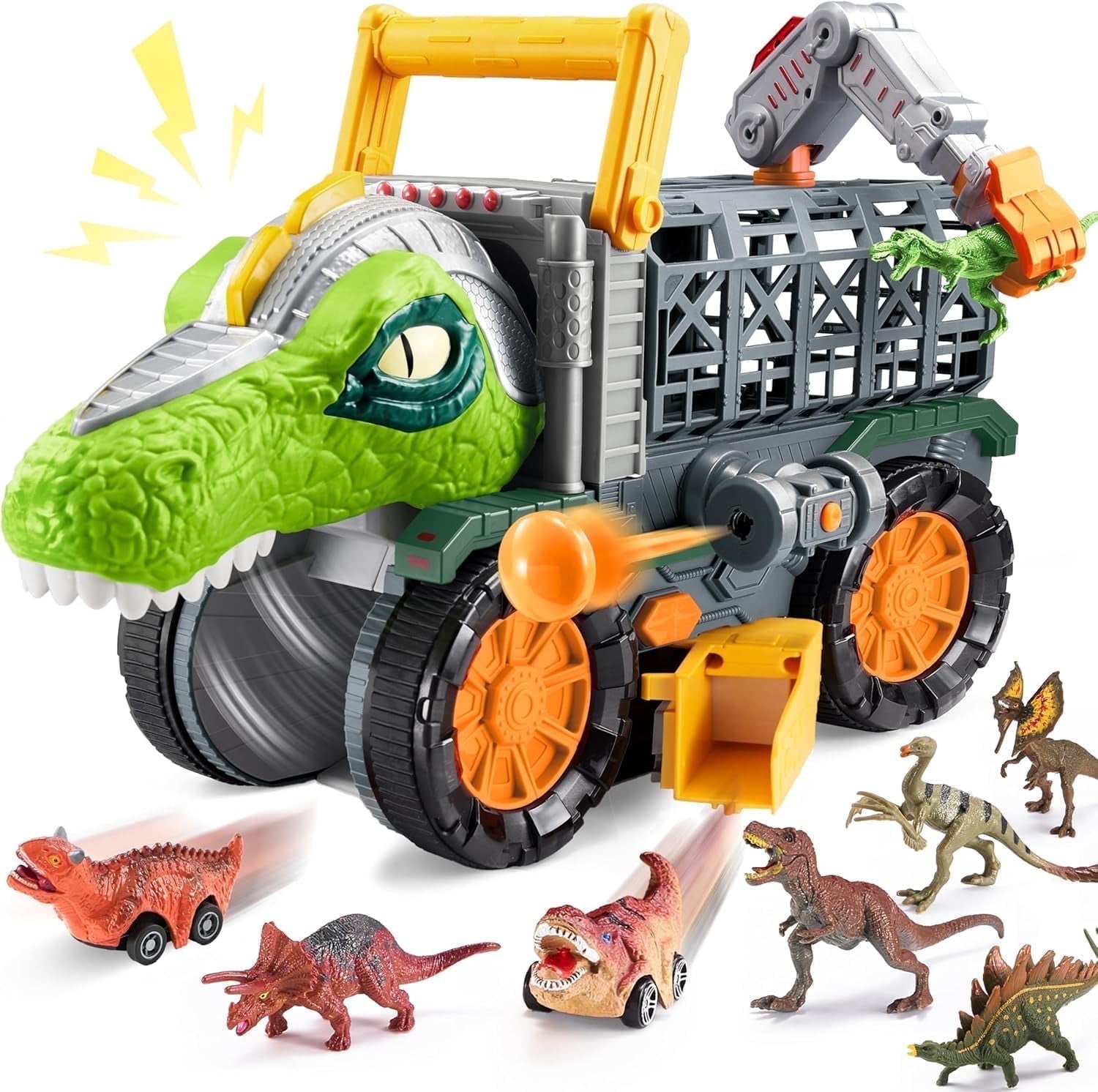 VROOMIX Kids Big Dinosaur Truck Toys with 8 Dino Figures, Crane Arm & Drive-Through Tunnel, Launching Chambers & Shooting Darts, Best Gifts for 3+ Year Old Boys & Girls