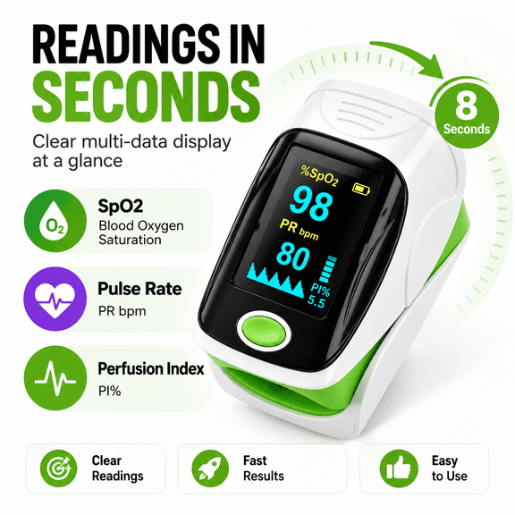 VROVIRE Fingertip Pulse Oximeter, Blood Oxygen Saturation SpO2 Monitor with Pulse Rate and Perfusion Index, Portable Finger Oxygen Monitor with Color Display and Lanyard, Green