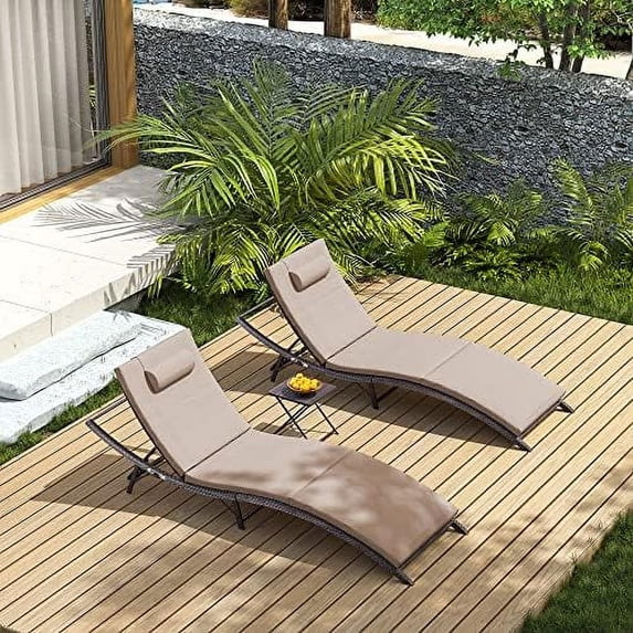 VRQNDHT Patio Chaise Lounge Set 3 Pieces Outdoor Lounge Chair with Rattan Adjustable Backrest Armrest and for Beach Patio Sand for Poolside Backyard Porch