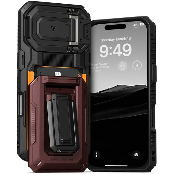 VRS DESIGN Origin Wallet Case for iPhone 16 Pro (2024), Rugged Semi-Automatic 3-Card Holder Slot & Kickstand Phone Case (Metallic Red)