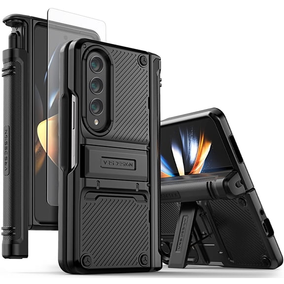 VRS Design Phone Case for Galaxy Z Fold 4, [Quick Stand Active S] Premium Hinge Protector & Pen Cover with Multi-Angle Kickstand & Screen Protector (Black)