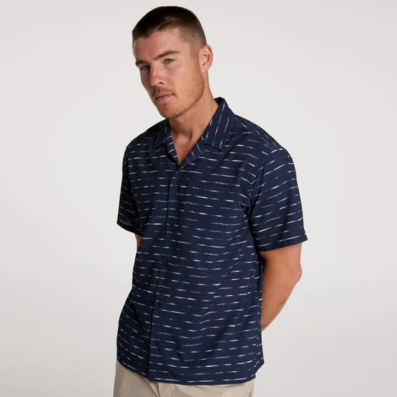VRST Men's Performance Resort Shirt, Medium, Navy/Sand Washed Stripe