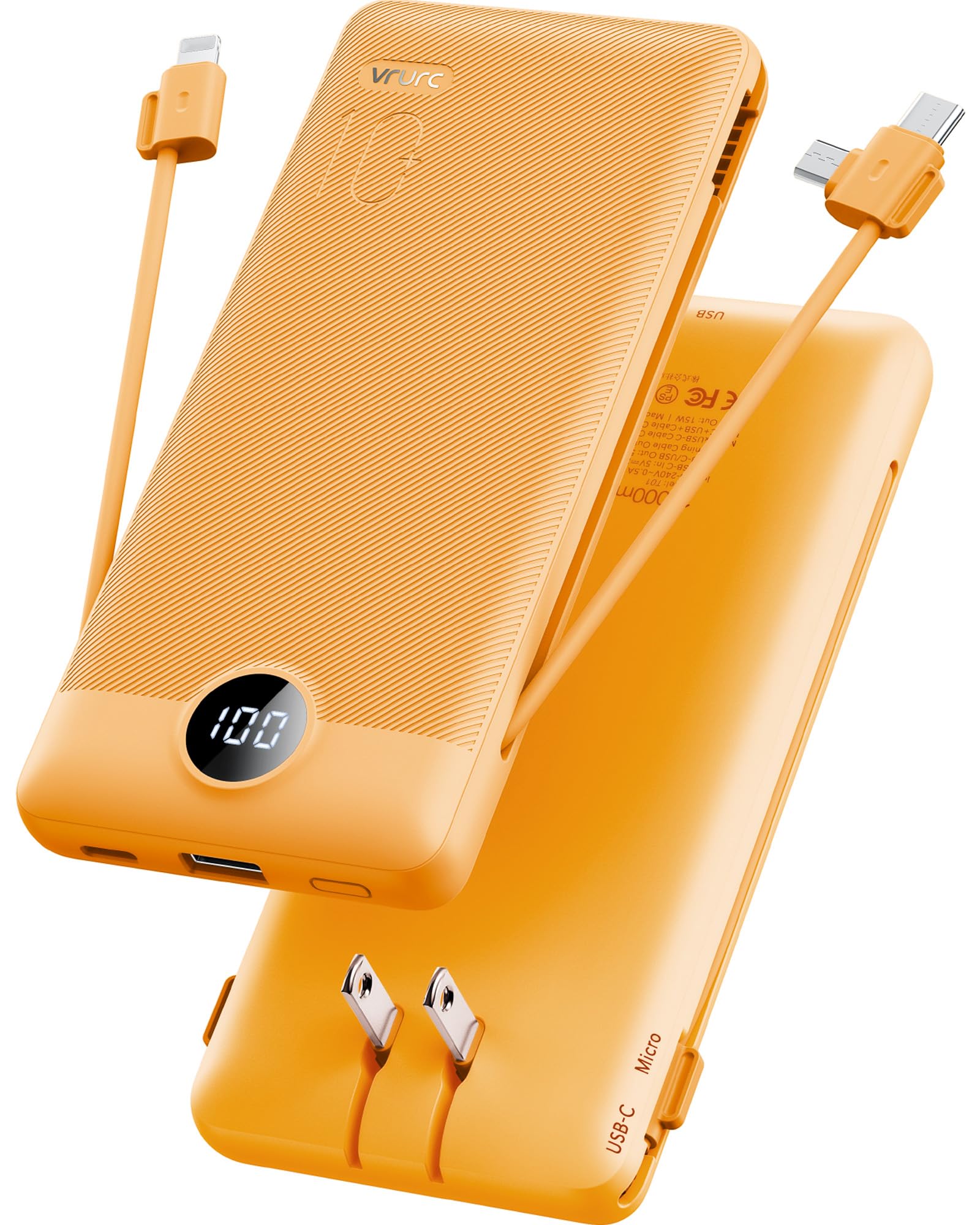 VRURC Portable Charger Built-in Cables and AC Wall Plug, USB C Power ...