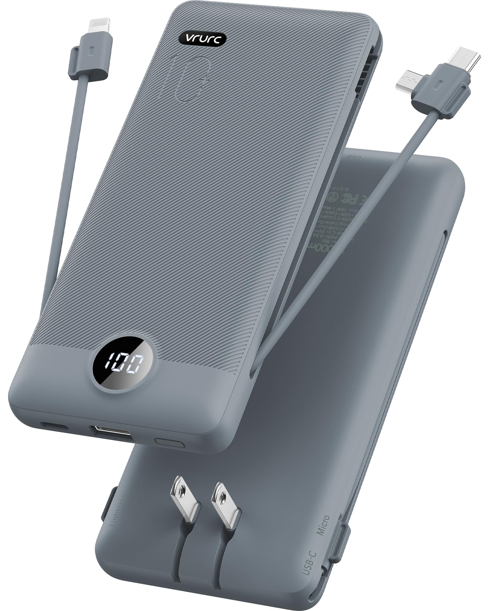 VRURC Portable Charger Built-in Cables and AC Wall Plug, USB C Power ...