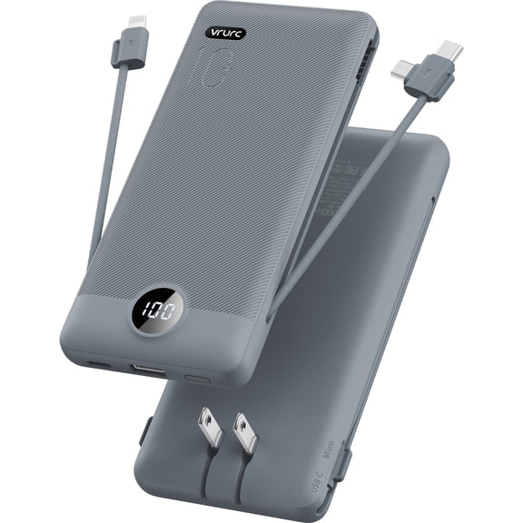 VRURC Portable Charger Built-in Cables and AC Wall Plug, USB C Power Bank 10000mAh, Travel Battery Portable Phone Charger Compact Lightweight External Battery Pack for Smart Phones, Tablets etc-Grey