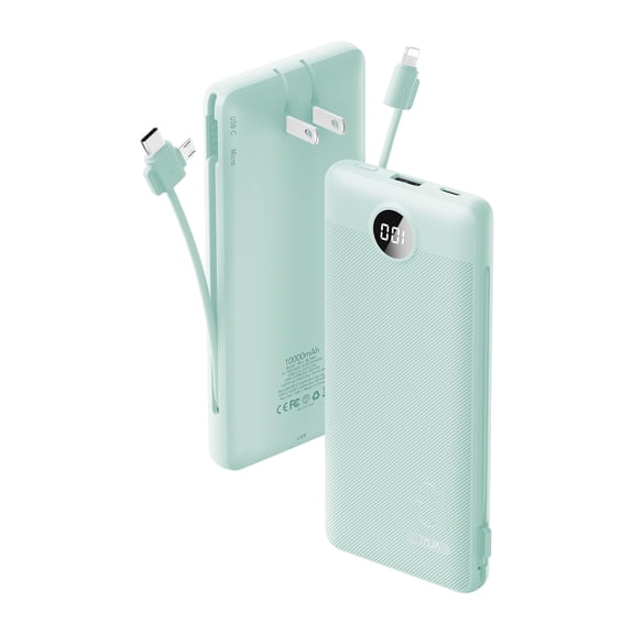 VRURC Portable Charger Built-in Cables and AC Wall USB C Power Bank 10000mAh, Travel Battery Portable Phone Charger Compact Lightweight External Battery Pack for Smart Phones, Tablets etc-Green Y201