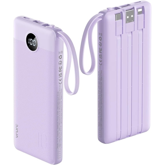 VRURC Portable Charger Power Bank, 10000mAh Travel Essentials Battery Pack, 5 Outputs 2 Inputs Slim Charging Bank Built-in Cables Cords for iPhone 17 16 15 14 13,Samsung,Android-Lavender(1 Pack)