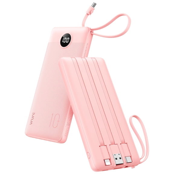 VRURC Portable Charger Power Bank, 10000mAh Travel Essentials Battery Pack, Compact Charging Bank Built-in Cables Cords Compatible with iPhone 17 Pro 17 16 15 14 13, Samsung Phones-Pink(1 Pack) Y201