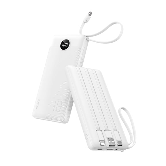 VRURC Portable Charger Power Bank, USB C Battery Pack 10000mAh,5 Outputs 2 Inputs Pocket Travel Charging Bank Built-in Cables for iPhone 17 Pro 17 16 15 14 13,Samsung,Android-White(1 Pack) Y201