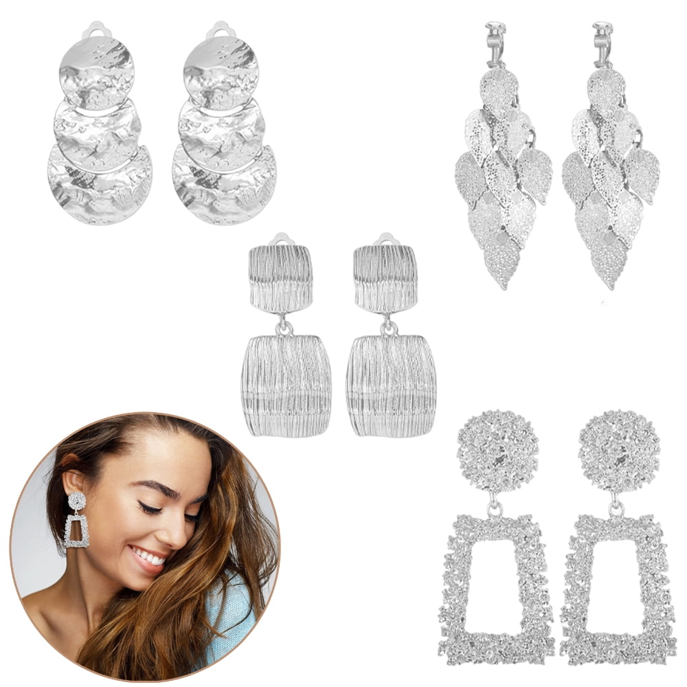 VRURC Square Rectangle Tassel Earrings, Silvertone (4 Pairs)