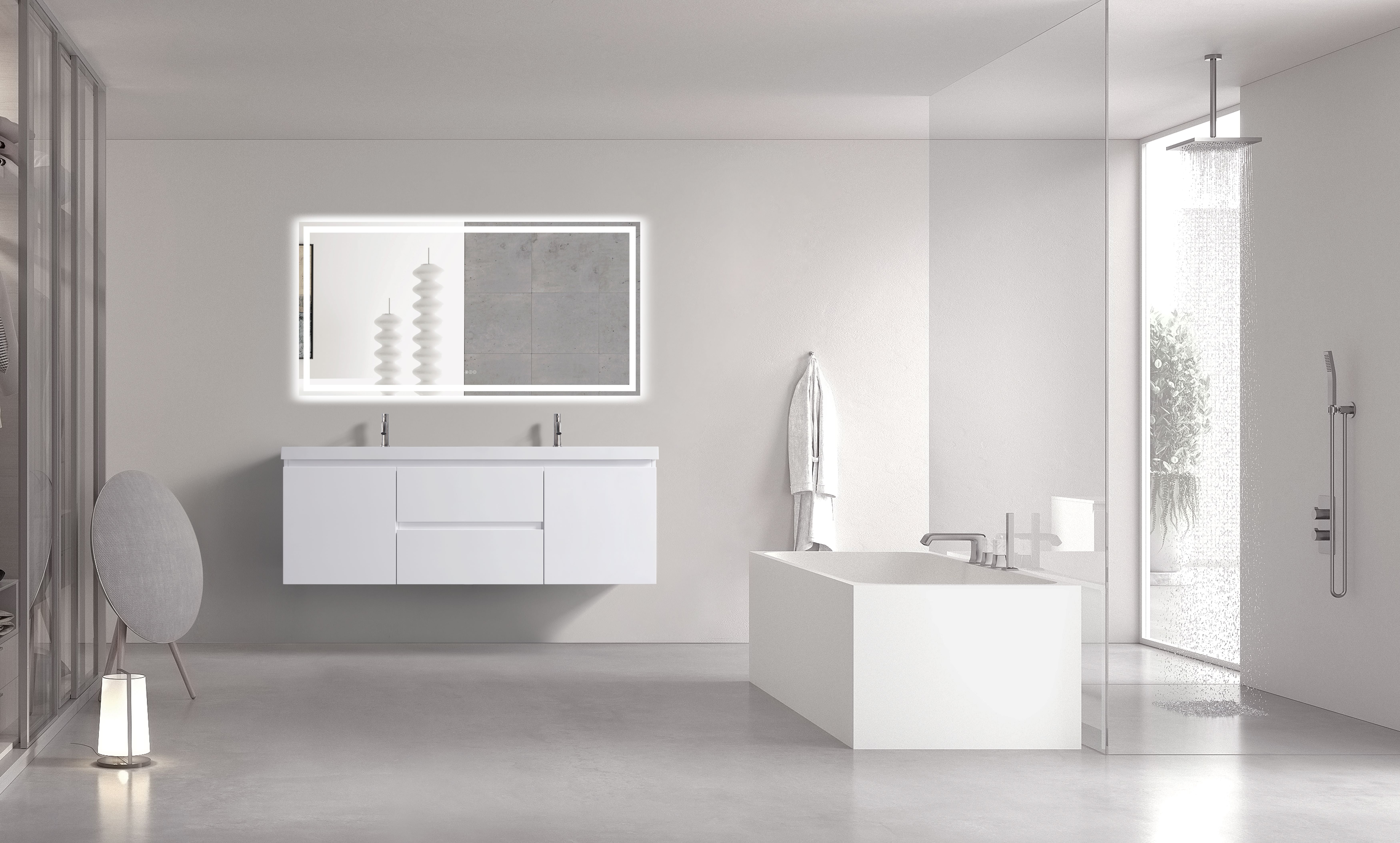 60" White Double Sink Floating Vanity with Resin Top
