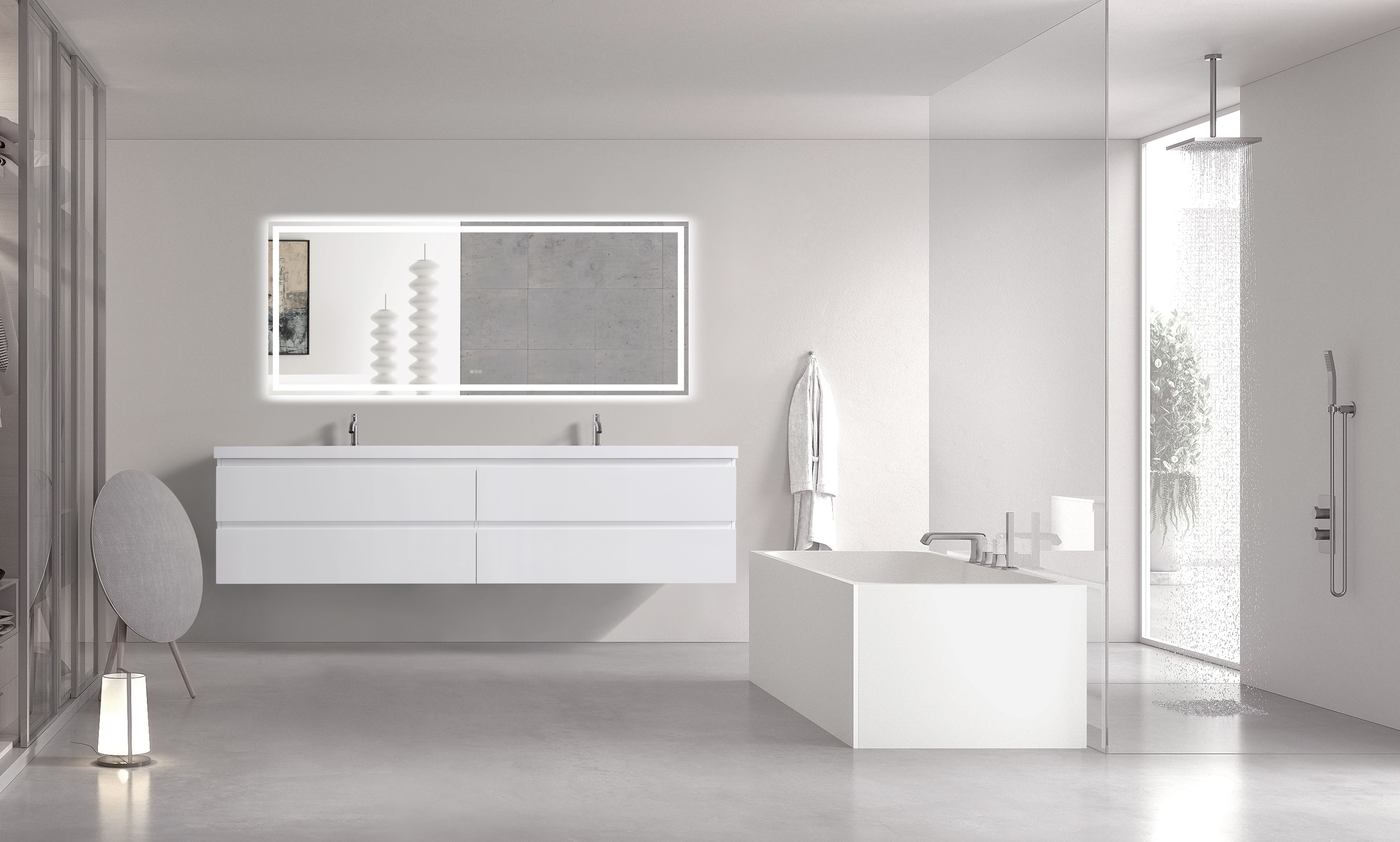 84" White Plywood Floating Double Sink Vanity with Resin Top