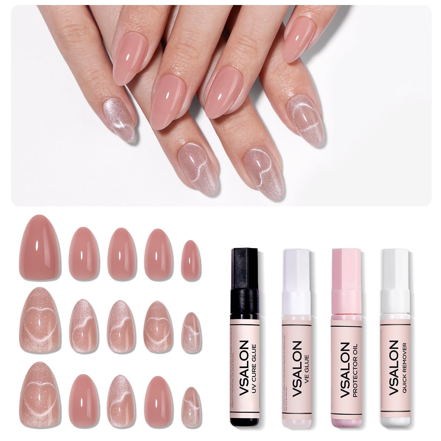 VSALON 42 Count Almond Press-On Nails, 32 PCS Pink French Tip & Cat Eye Nails, 2 Sets of 21 PCS Each, Full Well Tips, Plastic Material, False Nails, Up to 28 Days Wear, UV Glue Included
