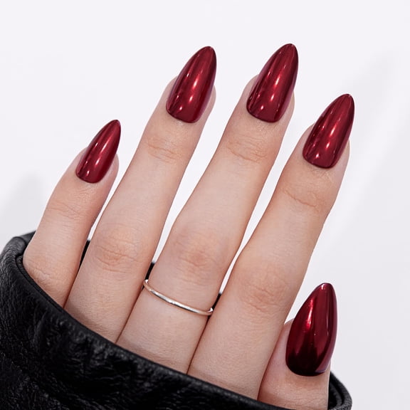 VSALON Press On Nails Almond, 32 Pcs 16 Sizes Red Press On Burgundy Chrome Metallic Medium Fake Nails With Glue & Cuticle Oil, Reusable Stick On Nails False Nails Kit Valentines Gift For Women