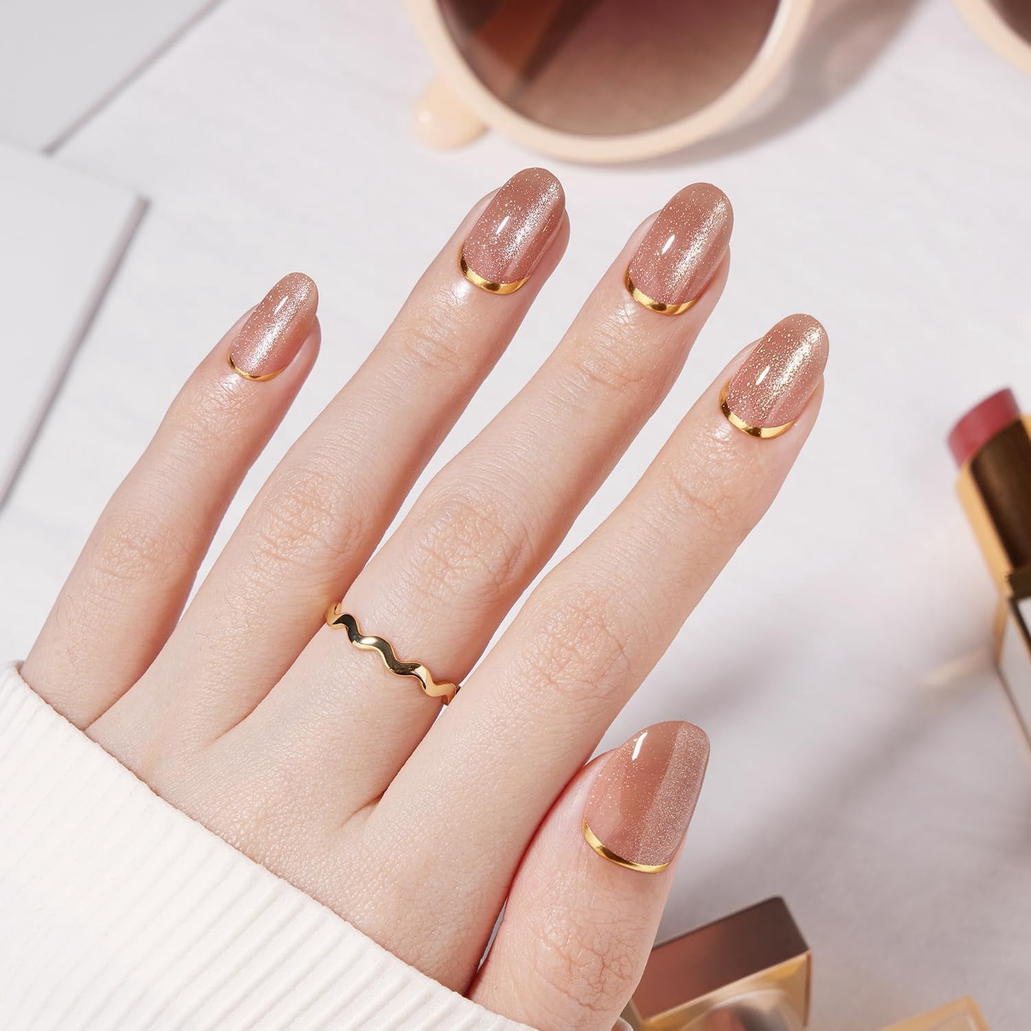 VSALON Press On Nails Short, 32 Pcs 16 Sizes Cat Eye Press On Nails Oval Fake Nails Gold Foil Design Sparkly Shimmer Gel With UV Glue Reusable Stick On Nails Semi-transparent Fall Gift For Women
