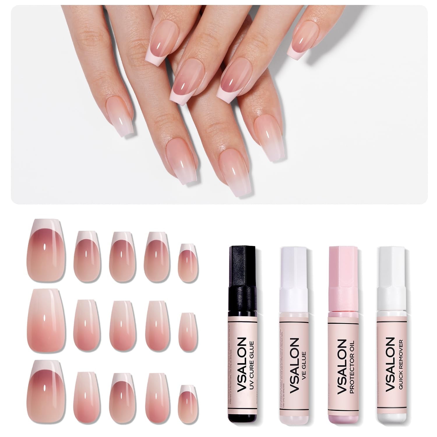 VSALON Press On Nails Short 42 Pcs White Nude Pink French Tip Main Coffin Nail in 16 Sizes With Alternative Nails Reusable Nail Kit UV Glue Easy Tab Nail Glue Remover Summer Gift Home Salon For Women