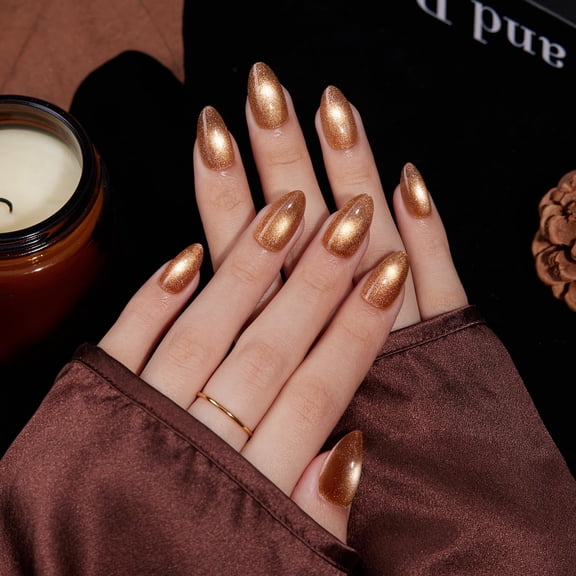 VSALON Press On Nails Short Almond, 32 Pcs 16 Sizes Brown Cat Eye Press On Chrome Fake Nails With Glue & Cuticle Oil, Reusable Stick On Nails False Nails Kit Valentines Gift For Women