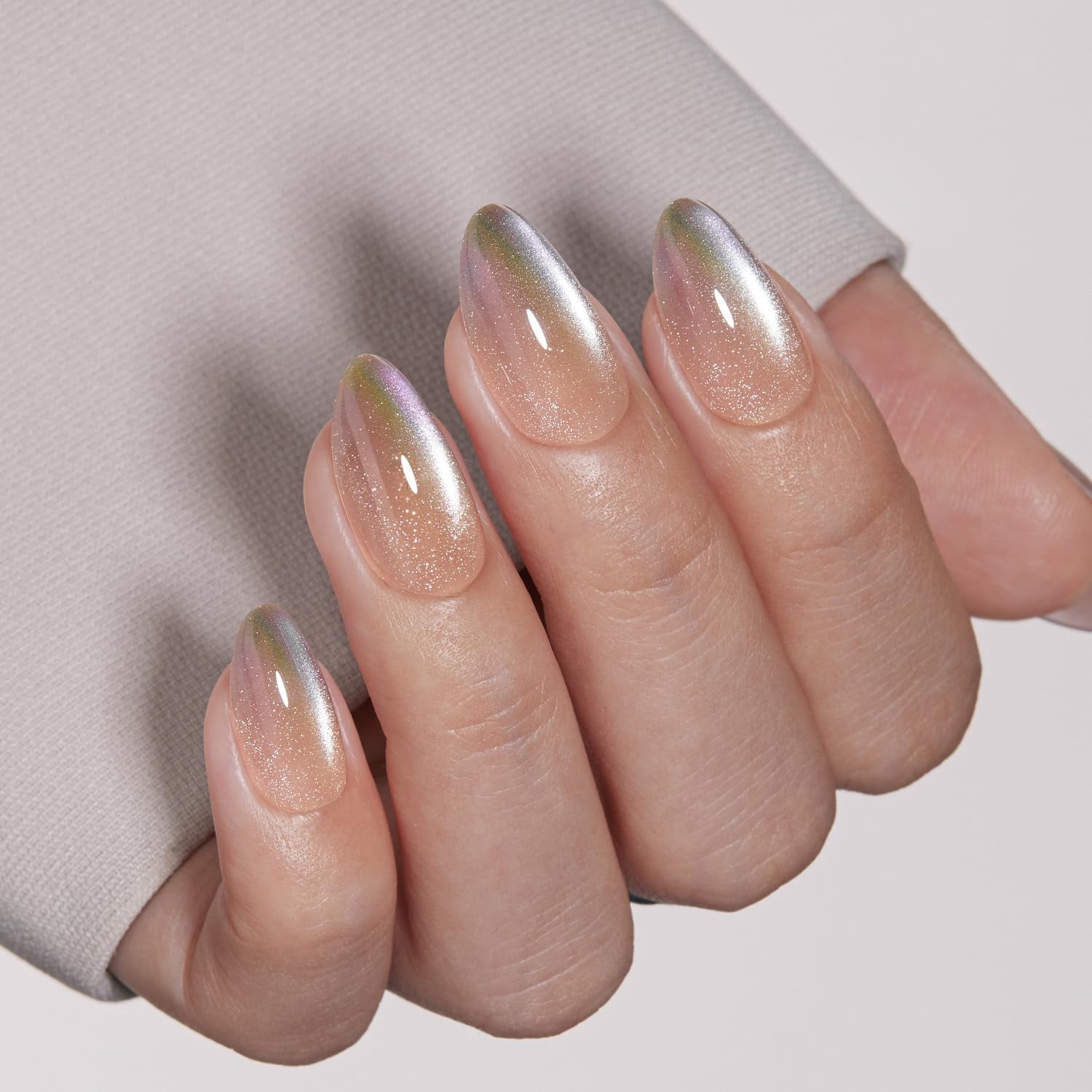 VSALON Press On Nails Short Almond, 32 Pcs 16 Sizes Cat Eye Press On Nails Purple Green Ombre Sparkly Shimmer Soft Gel Fake Nails With UV Glue Reusable Stick On Nails Fall Wedding Gifts For Women