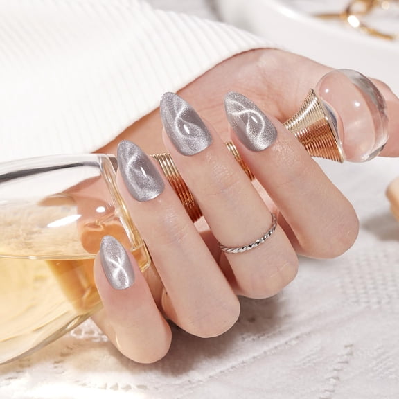 VSALON Press On Nails Short Almond, 32 Pcs 16 Sizes Cat Eye Press On Nails Silver Shimmer Ribbon Sparkly Fake Nails With UV Glue Reusable Stick On Nail Semi-transparent Fall Gifts For Women