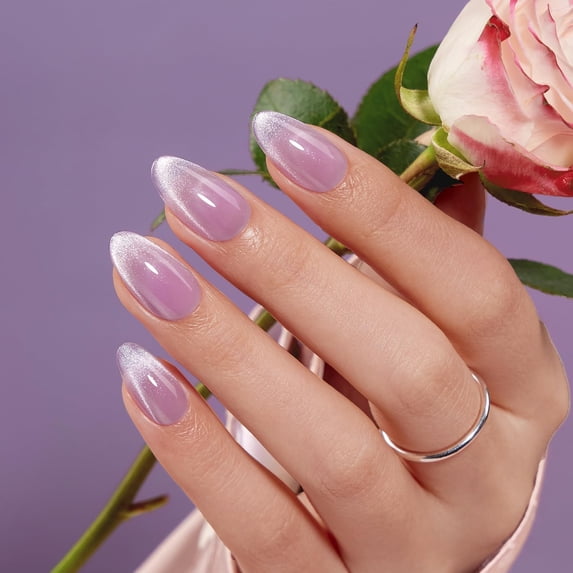 VSALON Press On Nails Short Almond, 32 Pcs 16 Sizes Purple Cat Eye Press On Nails French Tip Fake Nails With UV Glue Reusable Stick On Nails Semi-transparent False Nail Fall Gifts For Women