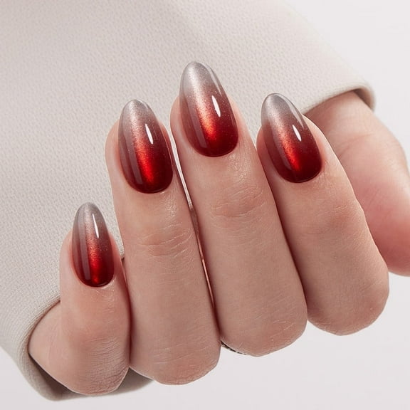 VSALON Press On Nails Short Almond, 32 Pcs 16 Sizes Red Cat Eye Press On Ombre Chrome Halloween Fake Nails With UV Cure Glue, Reusable Stick On Nails False Nails Kit Fall Gift For Women