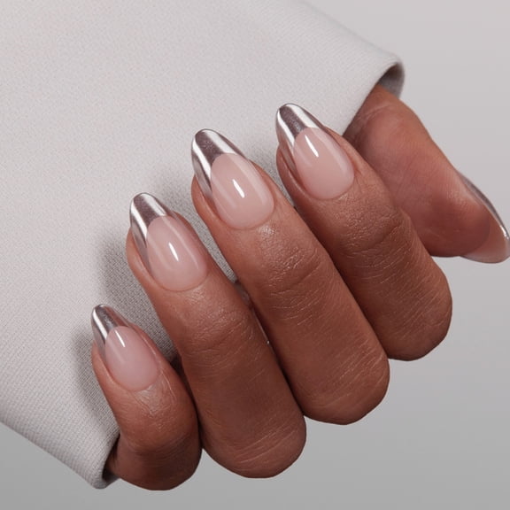 VSALON Press On Nails Short Almond, 32 Pcs 16 Sizes Silver Nude Chrome French Tip Fake Nails Metallic Nails Kit With UV Cure Glue, Reusable Stick Press Ons False Nails With Glue Fall Gift For Women