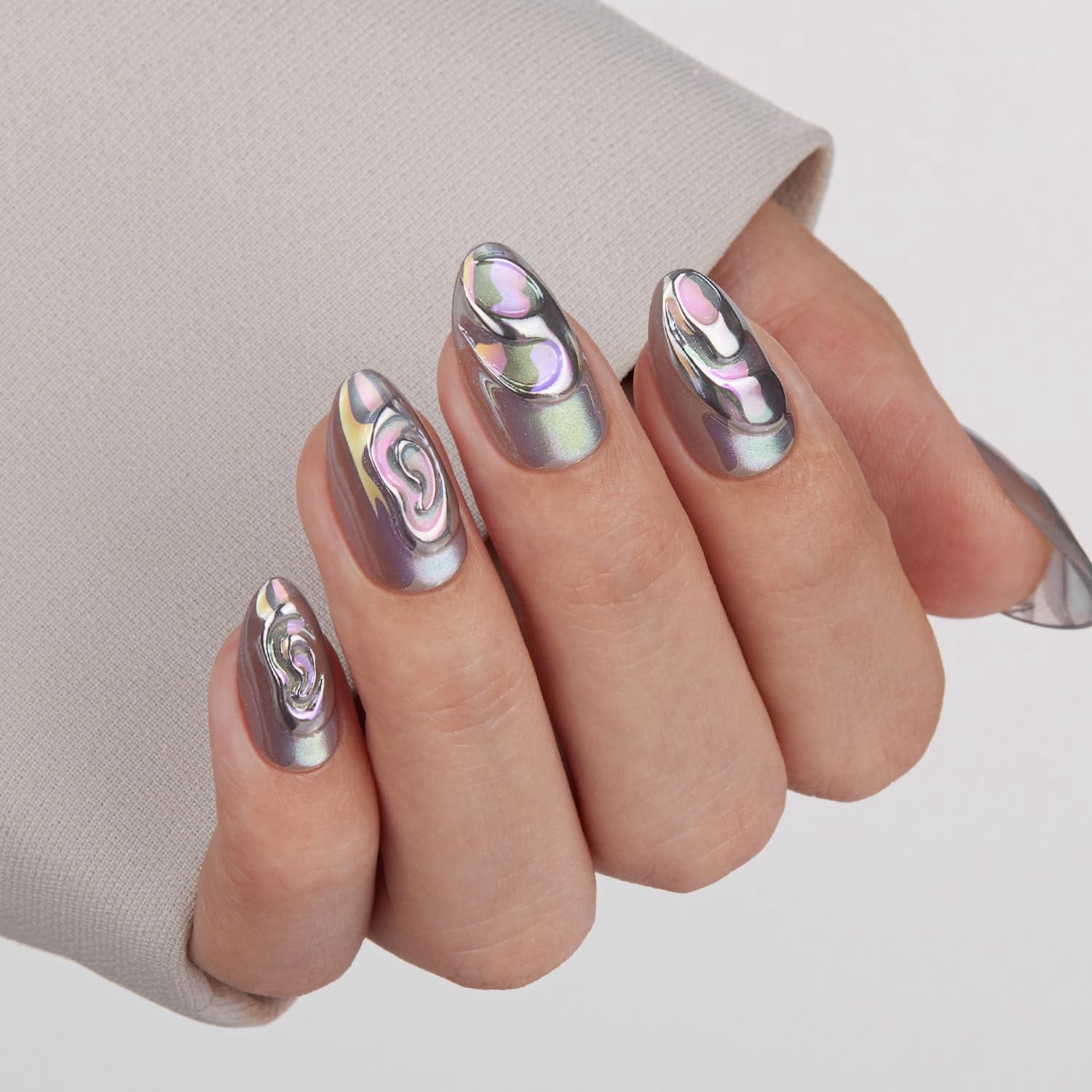 VSALON Press on Nails Short Almond - 3D Sculpting Silver Cat Eye Chrome Nails Kit for Women, Reusable Semi-Transparent Gel Halloween Fake Nails with Glue & Cuticle Oil - 32 PCS Nails in 16 Sizes