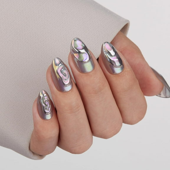 VSALON Press on Nails Short Almond - 3D Sculpting Silver Cat Eye Chrome Nails Kit for Women, Reusable Semi-Transparent Gel Halloween Fake Nails with Glue & Cuticle Oil - 32 PCS Nails in 16 Sizes