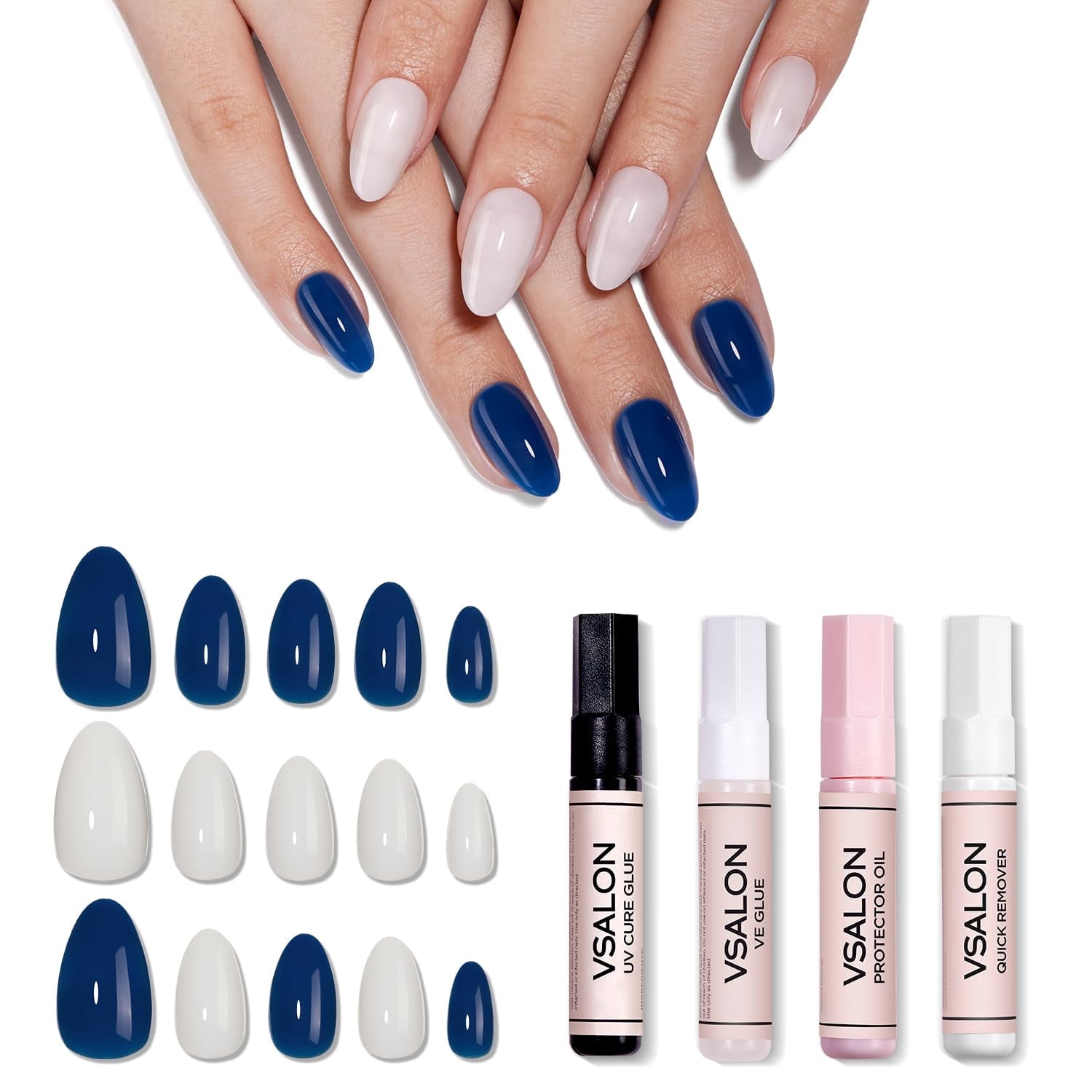 VSALON Press On Nails Short Almond - 42 PCS Navy Blue Cream and White Semi-Transparent Fake Nails for Women，32 Main Nails in 16 Sizes & 10 Alternative Nails - Lamp Curable Glue on Nail with Tool Kit