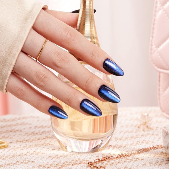 VSALON Press on Nails Short Almond - Blue Cat Eye Chrome Glue On Nails Kit for Women, Reusable Opaque Gel Stick on Nails with Glue & Cuticle Oil - 32 Pcs Fake Nails in 16 Sizes