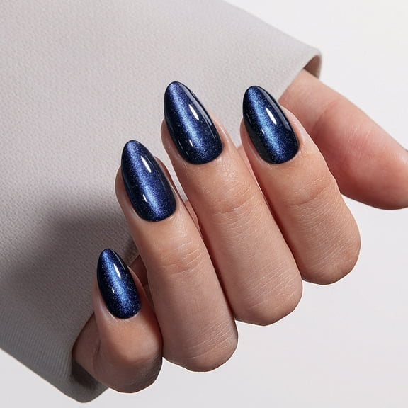 VSALON Press on Nails Short Almond - Blue Cat Eye Chrome Glue On Nails Kit for Women, Halloween Reusable Opaque Gel Stick on Nails with Glue & Cuticle Oil - 32 PCS Fake Nails in 16 Sizes