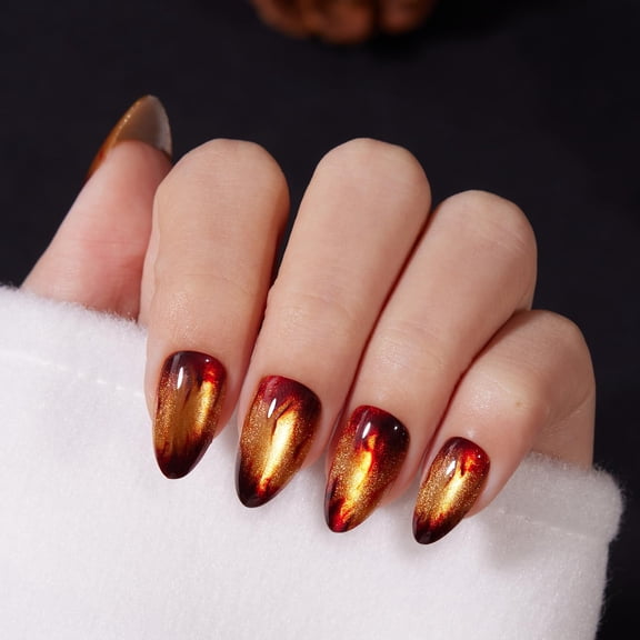 VSALON Press on Nails Short Almond - Golden Spakly Cat Eye Glitter Flame Design, Reusable Opaque Gel Magnetic Effect Fake Nails with Glue & Cuticle Oil - 32 PCS in 16 Sizes Valentines Gift for Women