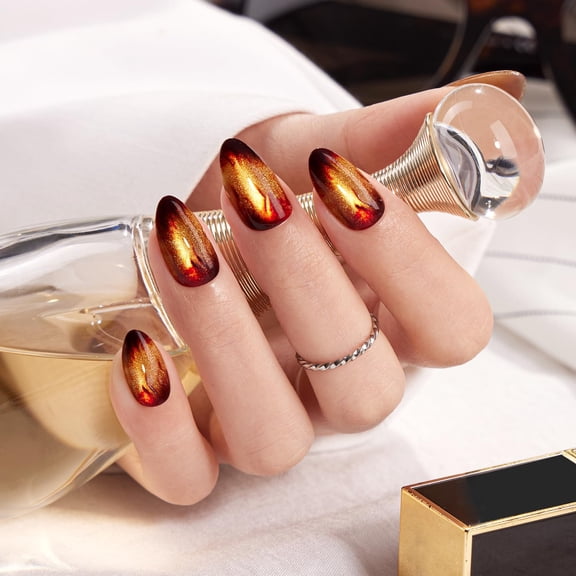 VSALON Press on Nails Short Almond - Golden Spakly Cat Eye Glitter Flame Design, Reusable Opaque Gel Magnetic Effect Fake Nails with Glue & Cuticle Oil - 32 PCS in 16 Sizes Gift for Women