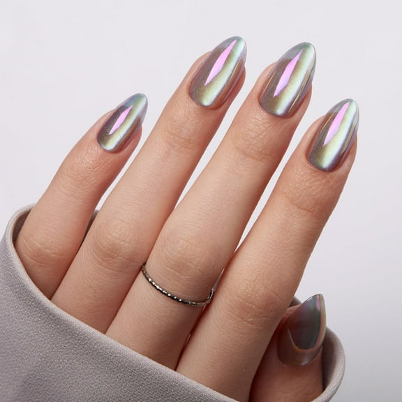 VSALON Press on Nails Short Almond - Holographic Chrome Cat Eye Nails Kit for Women, Reusable Aurora Effect Halloween Transparent Soft Gel Fake Nails with Glue - 32 PCS Stick On Nails in 16 Sizes