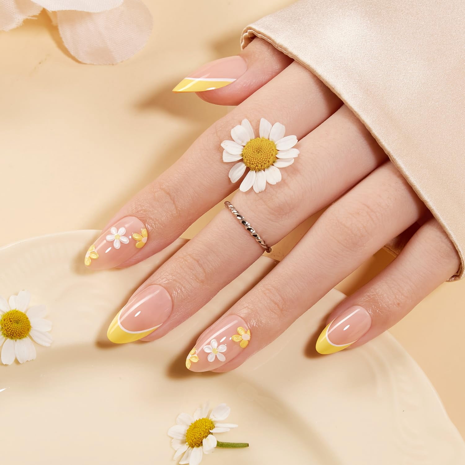 VSALON Press on Nails Short Almond - Lemon Yellow French Tip 3D Flower Design Fake Nails Kit, Reusable Semi-Transparent Gel Glue on Nails with Glue & Cuticle Oil - 32 PCS Stick on Nails in 16 Sizes